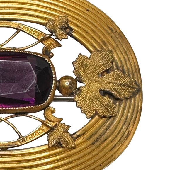 Art Nouveau Sash Pin Brooch Autumn Leaf design Amethyst Glass George L Paine Co - Picture 6 of 16